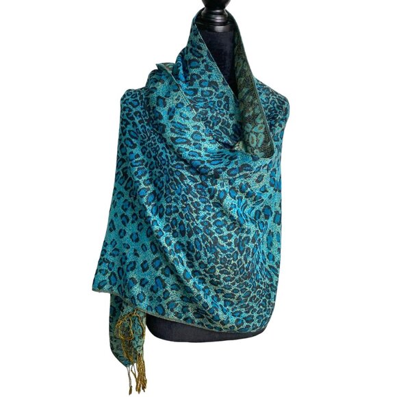 Rikka Womens Blue Animal Print Fringed Scarf One Size Boho Mobwife Whimsigoth - Picture 1 of 6